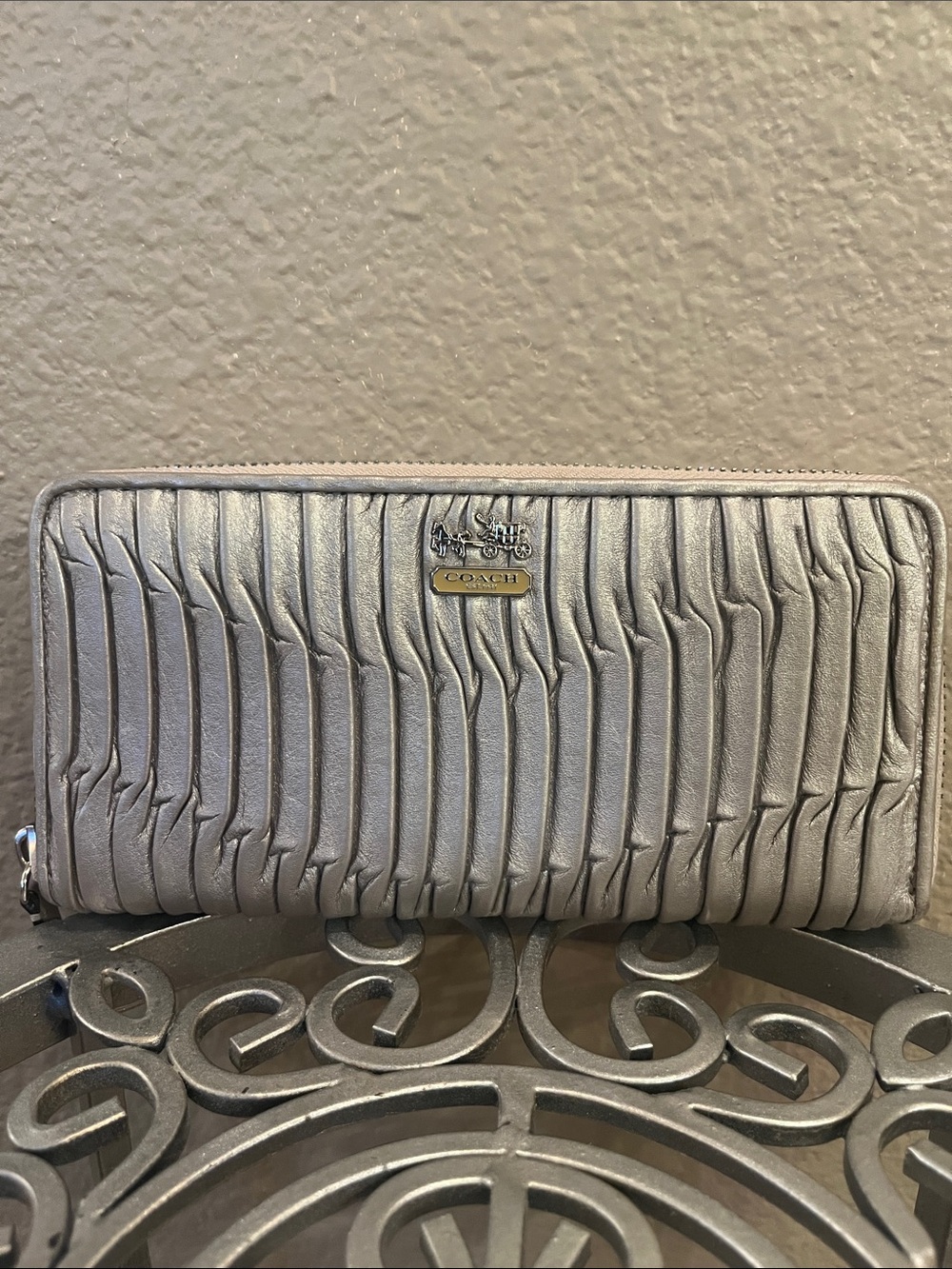 Coach Metallic Taupe Pleated Leather Zip-Around Wallet